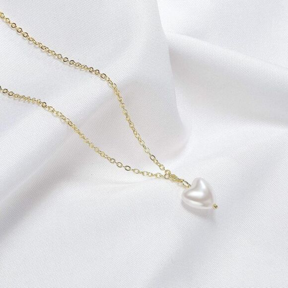 Pearl Heart Pendant Necklace 14K Gold Plated Cable Chain Elegant Gift - Picture 2 of 5